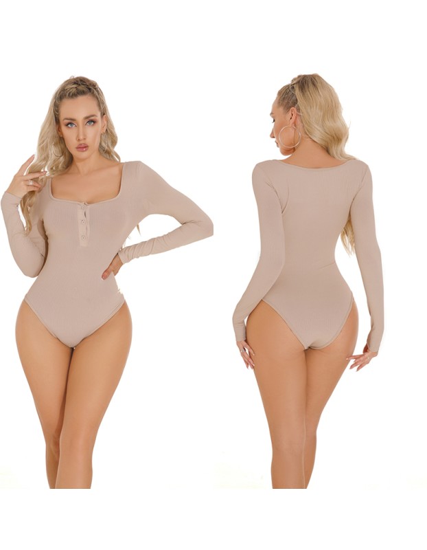 New Sexy Underwear Skin Tight Jumpsuit Deep V-neck Long Sleeve Button One-piece Bodysuit XX1599
