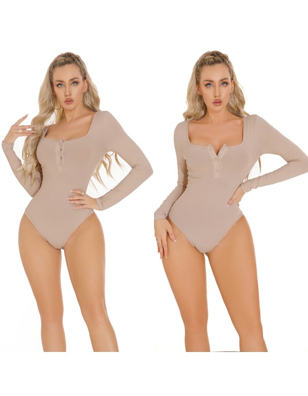 New Sexy Underwear Skin Tight Jumpsuit Deep V-neck Long Sleeve Button One-piece Bodysuit XX1599