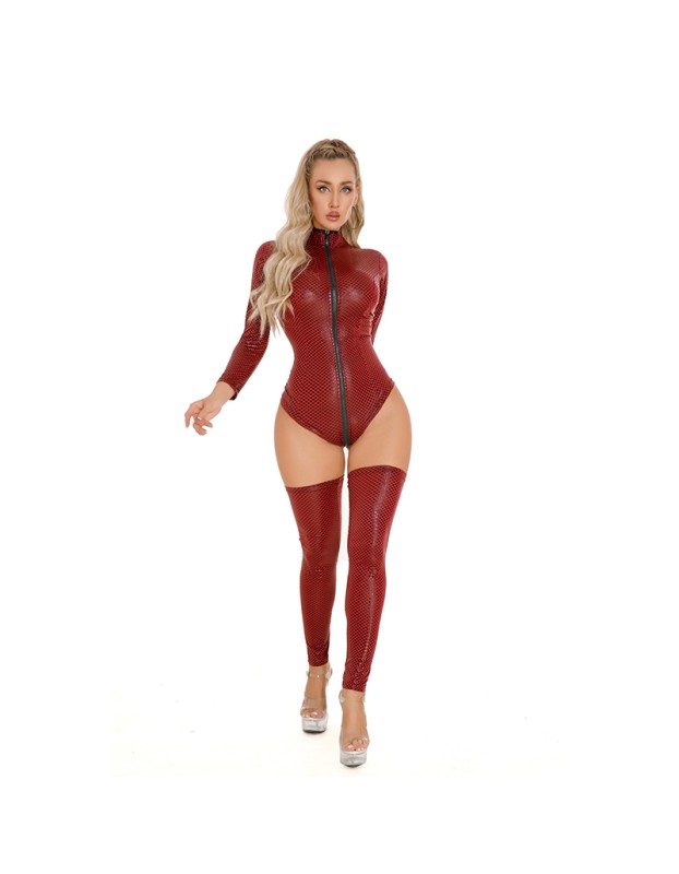 Zipper Crotch PU Nightclub Plaid Bright Patent Leather Jumpsuit Dance Dress Sexy Bodysuit XX6031
