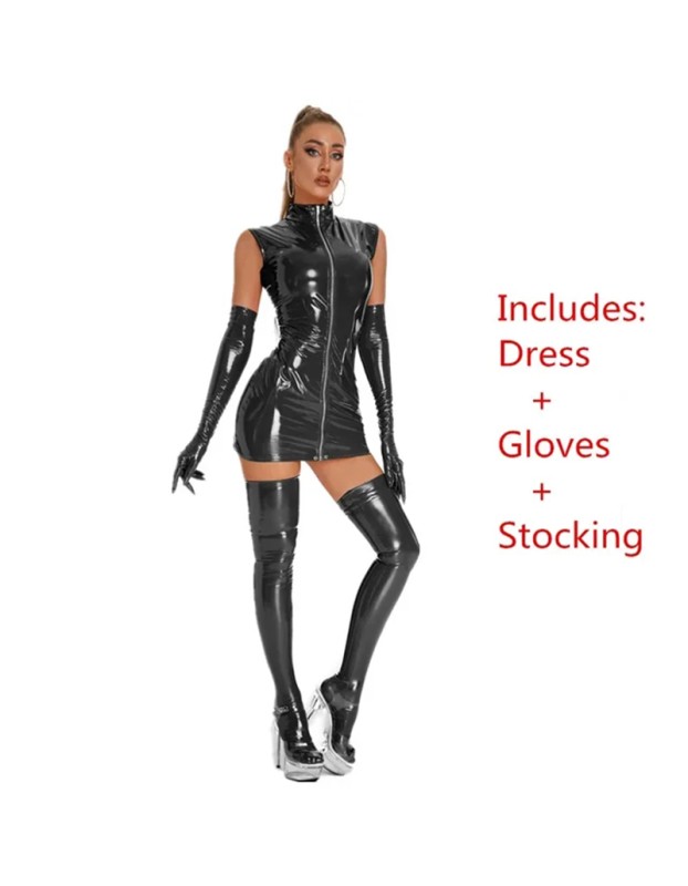 High Elastic Leather PU Sexy Underwear Glossy Patent Leather Nightclub Sleeveless Tights XX6869