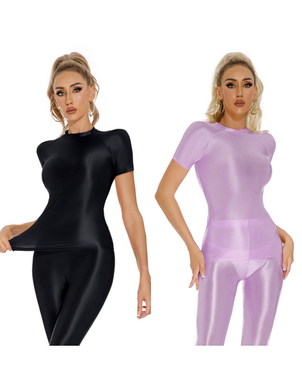 Thin Shiny Tight Top Slim Transparent Breathable Pants Tracksuit Sexy Women Tight Top XX70512