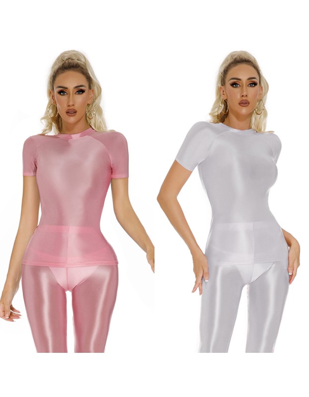Thin Shiny Tight Top Slim Transparent Breathable Pants Tracksuit Sexy Women Tight Top XX70512