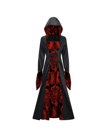 Medieval Court Dress Costume Women Cosplay Retro Long Sleeve Hooded Print Party Dress SM243