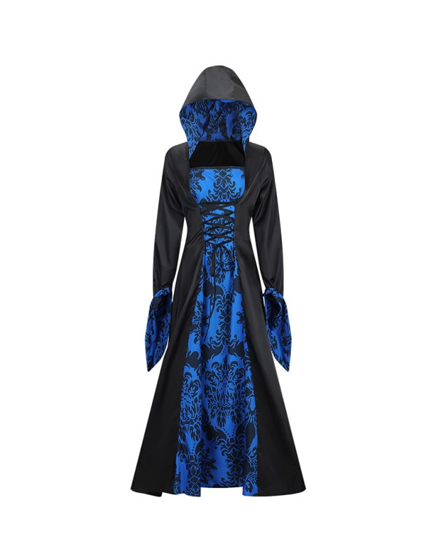 Medieval Court Dress Costume Women Cosplay Retro Long Sleeve Hooded Print Party Dress SM243