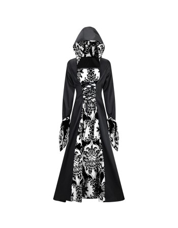 Medieval Court Dress Costume Women Cosplay Retro Long Sleeve Hooded Print Party Dress SM243