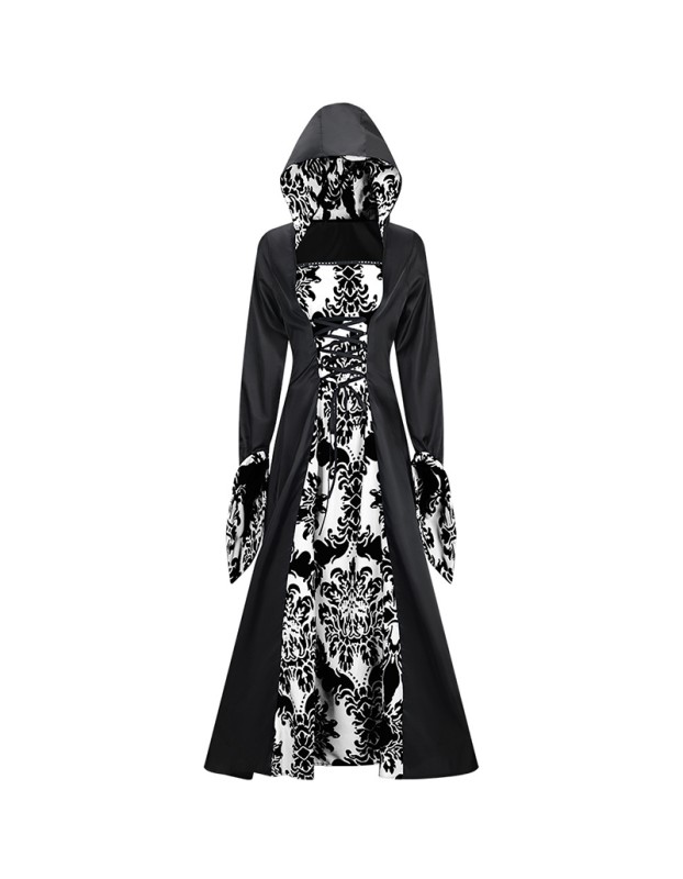 Medieval Court Dress Costume Women Cosplay Retro Long Sleeve Hooded Print Party Dress SM243