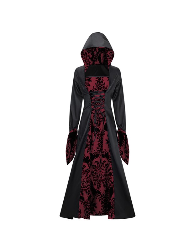 Medieval Court Dress Costume Women Cosplay Retro Long Sleeve Hooded Print Party Dress SM243