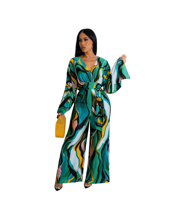 Fashion Sexy V-neck Long Sleeved Printed Wide Leg Jumpsuit For Women YM8631