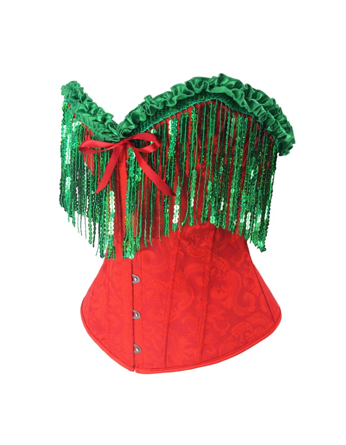 Women Christmas Corset Bustier Top with Sequin Tassels Gothic Party Night Korsett Christmas Costumes