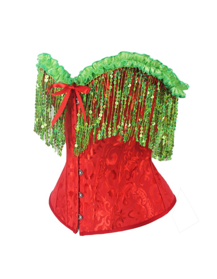 Women Christmas Corset Bustier Top with Sequin Tassels Gothic Party Night Korsett Christmas Costumes