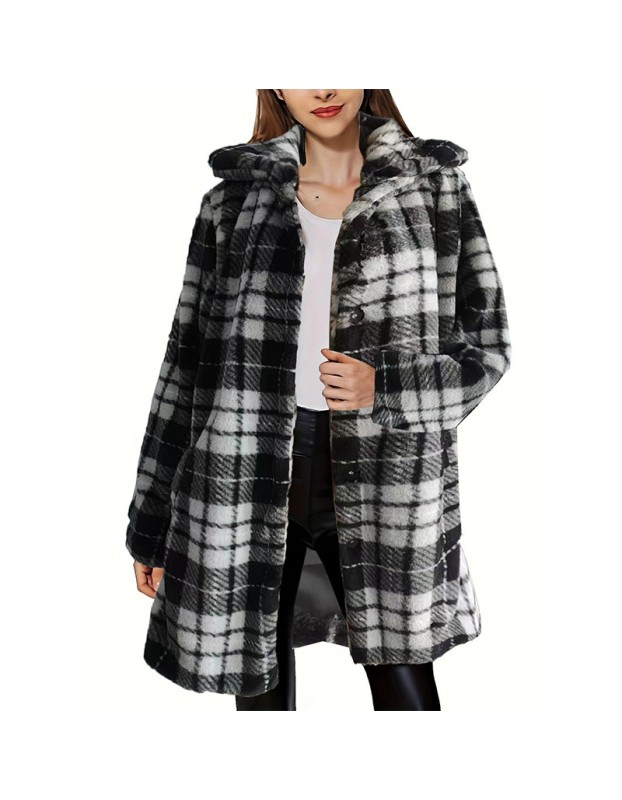 Black And White Extra Cover Women's Leopard Print Pocket Loose Plush Coat YM8629