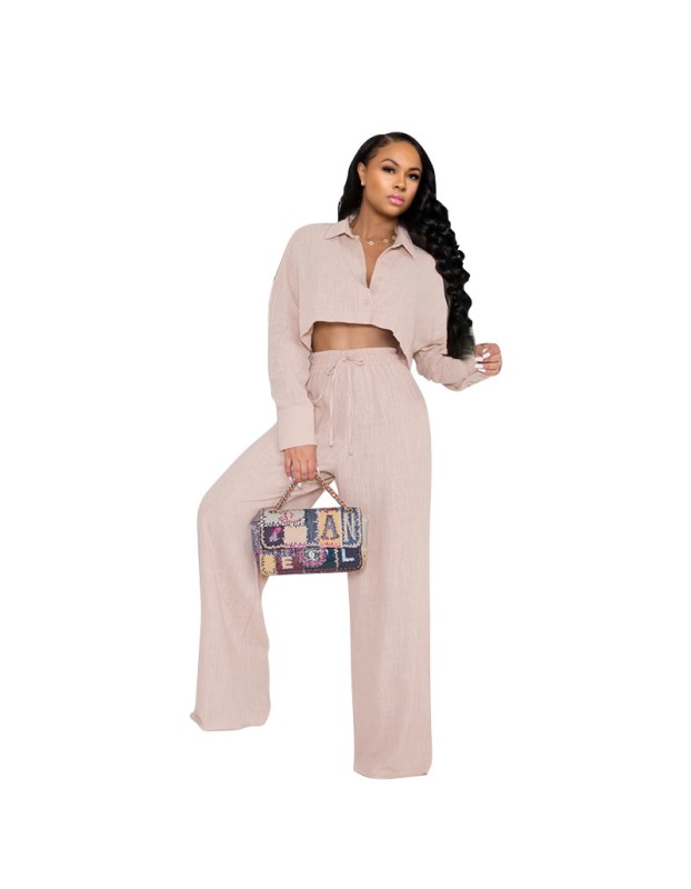 Women's Autumn Simple Solid Color Shirt Wide Leg Straight Pants Casual Suit YM8628