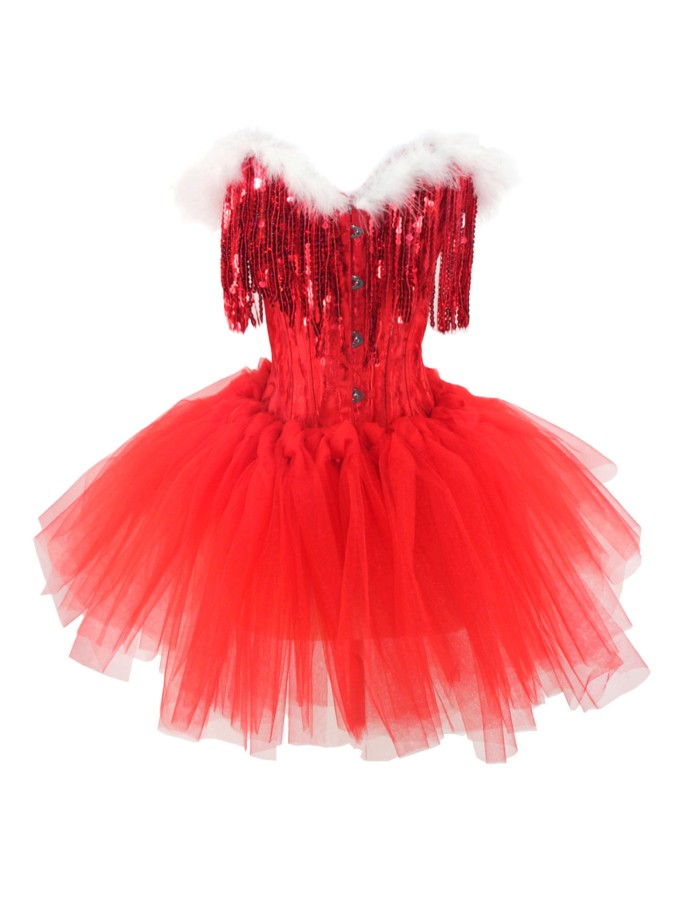 Women Christmas Corset Bustier Top with Sequin Tassels Gothic Party Night Korsett Christmas Costumes