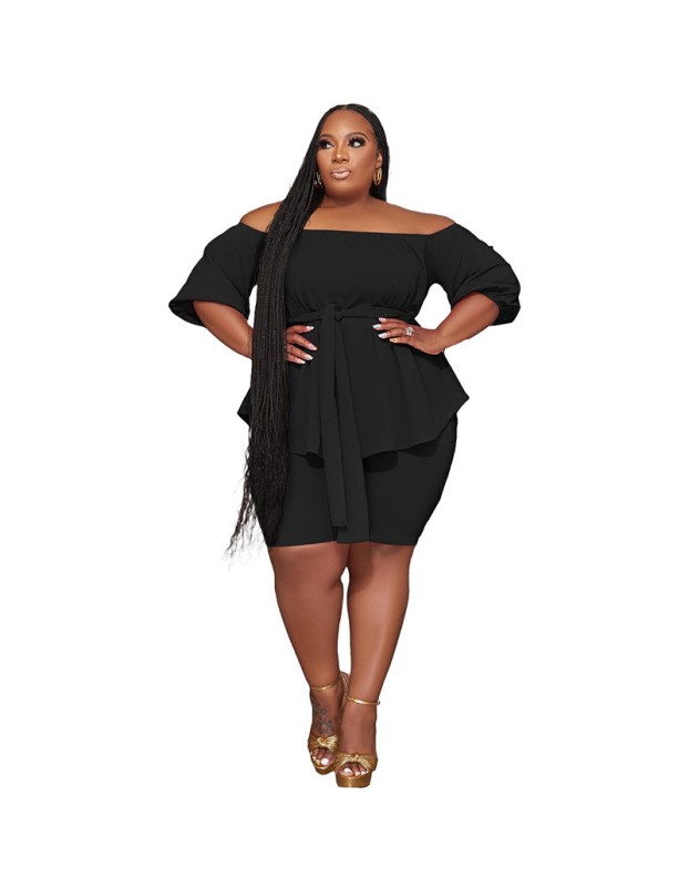 Solid Color Plus Size Women's Independent Stand One Shoulder Two Piece Set YM8627