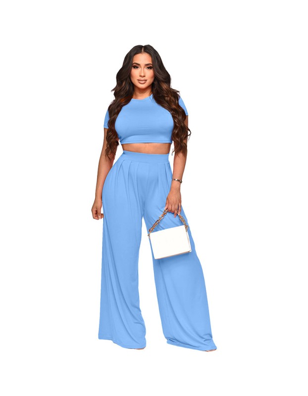Fashion Crop Solid Color Wide Leg Pants Two Sets 9411