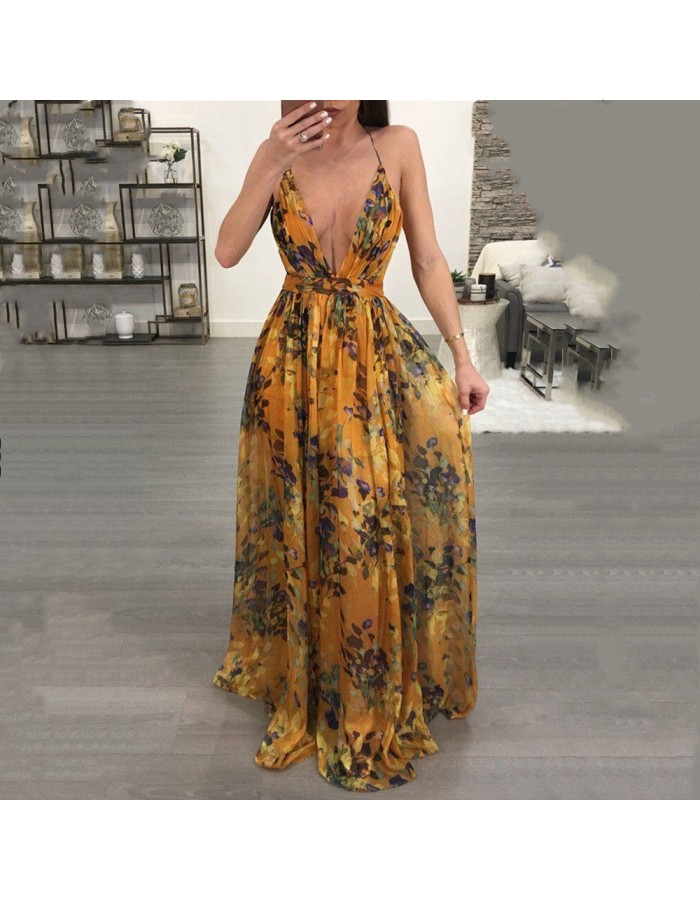 Fashion Ladies Summer Print Floral Boho V Neck Beach Casual Maxi Dresses Long M8212