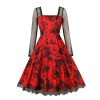 Gothic Mesh Long Sleeves Lace Retro Black Rose Drawing Halloween Dress M5150