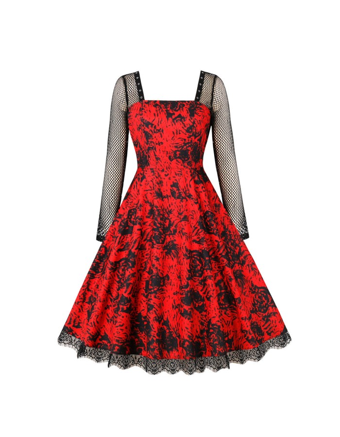 Gothic Mesh Long Sleeves Lace Retro Black Rose Drawing Halloween Dress M5150