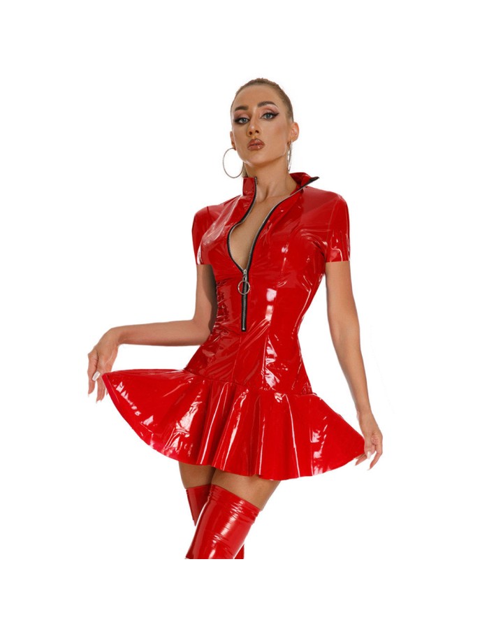 Women Sexy Shiny PVC Leather Nightclub Latex Pleated Mini Dress XX6392