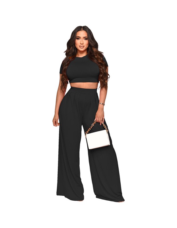 Fashion Crop Solid Color Wide Leg Pants Two Sets 9411