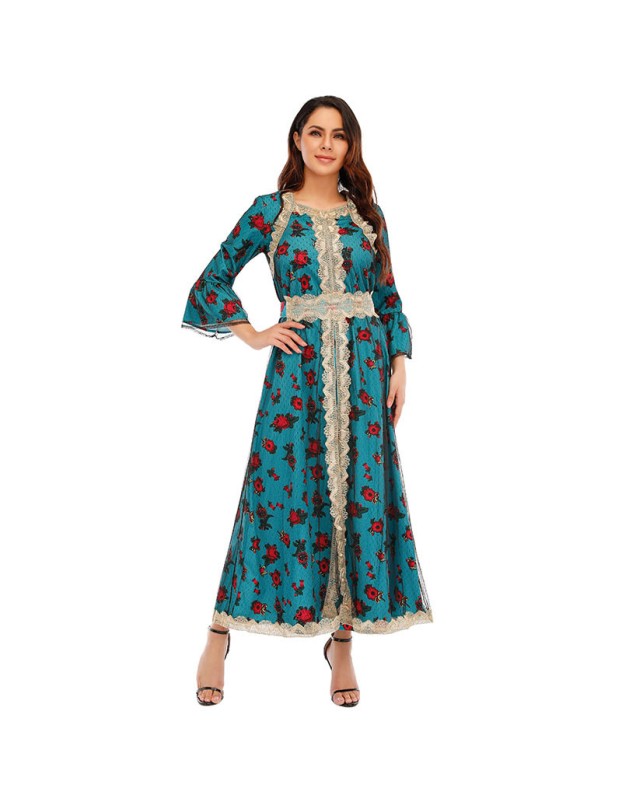 African Design Print Mesh Muslim Clothing Elegant Floral Women Party Dress 21275