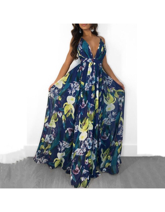 Fashion Ladies Summer Print Floral Boho V Neck Beach Casual Maxi Dresses Long M8212
