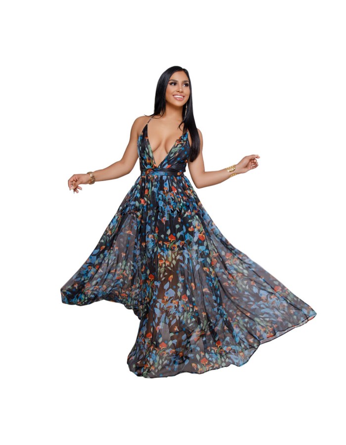 Fashion Ladies Summer Print Floral Boho V Neck Beach Casual Maxi Dresses Long M8212