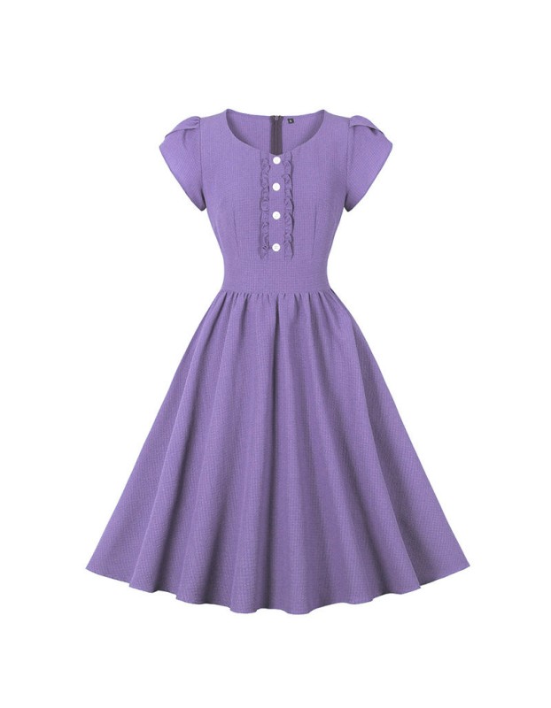 Vintage Women Bubble Short Sleeve Button Design Big Swing Mid Length Dress 5043