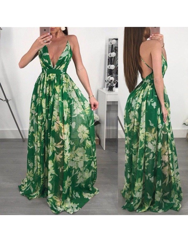 Fashion Ladies Summer Print Floral Boho V Neck Beach Casual Maxi Dresses Long M8212