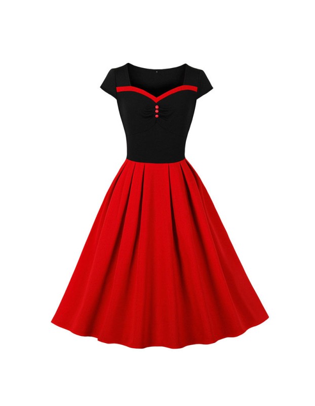 Fashion V-neck Dress Waist Short-Sleeved Folk Dance Swing Mid-Length Dress 5098