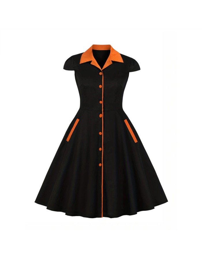 5XL Big Size Elegant Ladies Single-Breasted Vintage Pinup Swing Dress 1729A