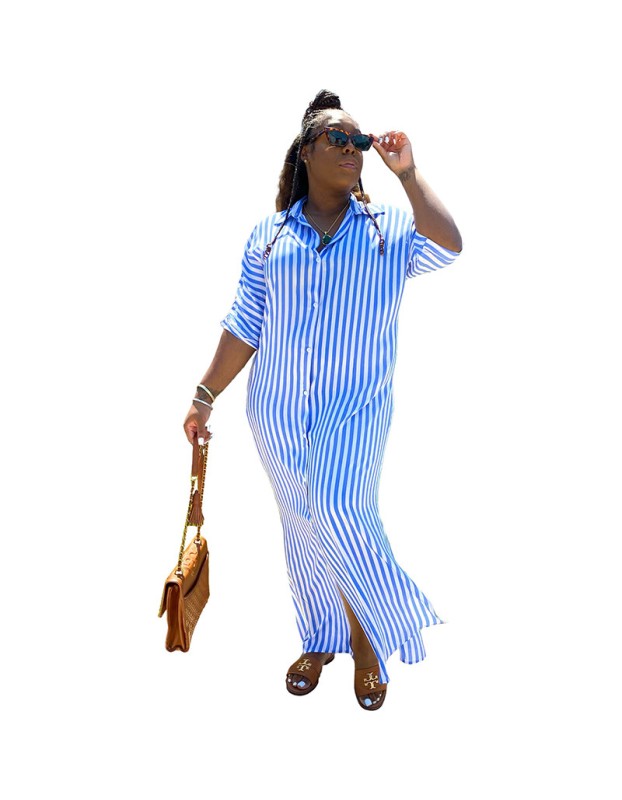 Fashion Striped Women's Shirt Long Casual Dress 9414