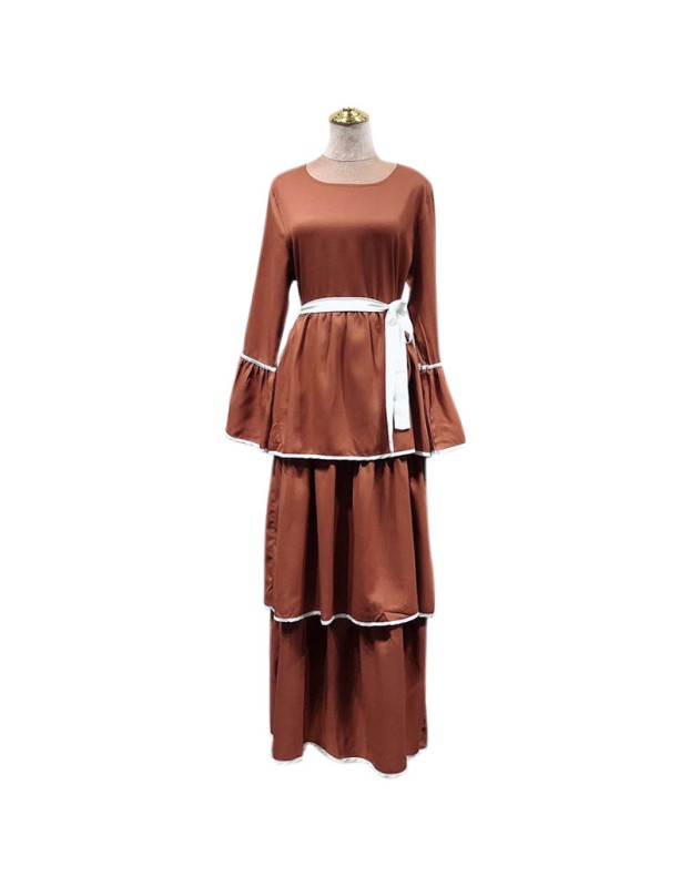 Plus Size Waist Strap Cake Flared Long Sleeve Black And White Casual Dress 1912
