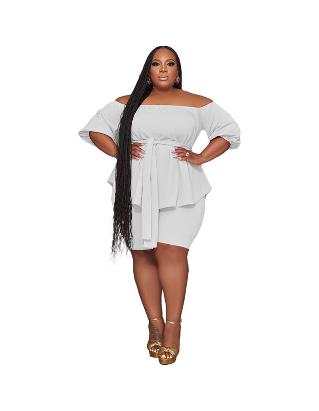 Solid Color Plus Size Women's Independent Stand One Shoulder Two Piece Set YM8627