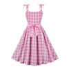 Sexy Halter Pink Plaid Women Casual Sweet Bow Barbie Midlength Dress 5170