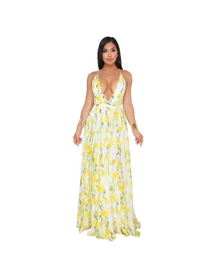 Fashion Ladies Summer Print Floral Boho V Neck Beach Casual Maxi Dresses Long M8212
