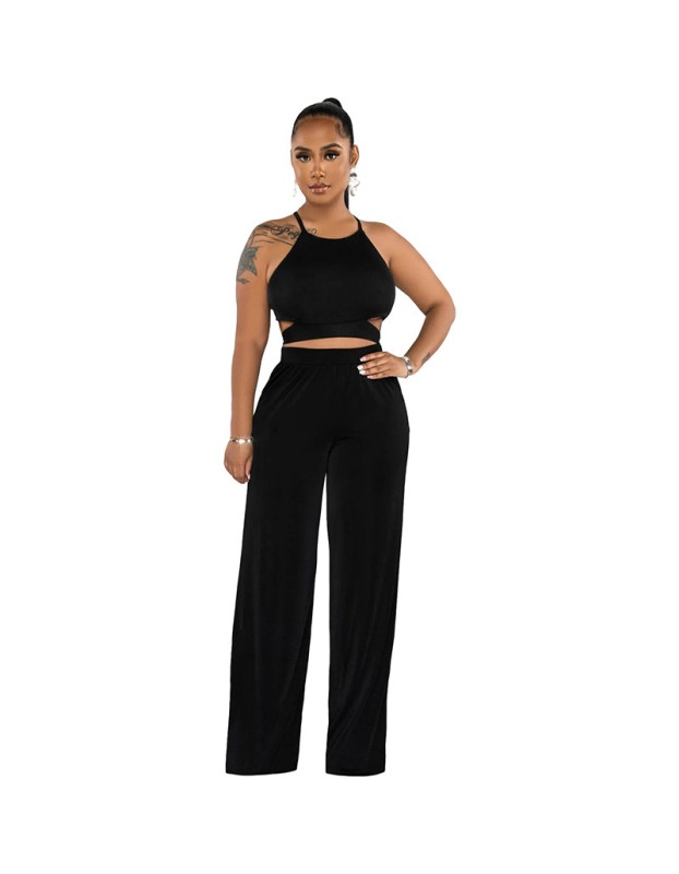 Women's Halter Cross-Strap Solid Color Wide-Leg Pants Two Piece Set 9428