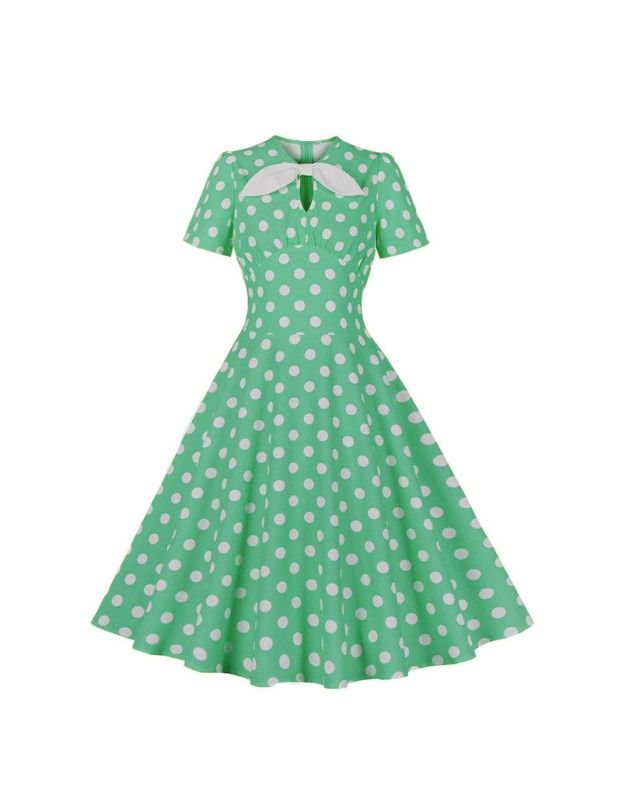 Hepburn Style Round Neck Bow Lace Up Polka Dot Retro Swing Dress Woman 5157