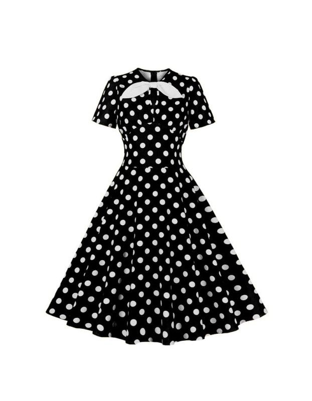 Hepburn Style Round Neck Bow Lace Up Polka Dot Retro Swing Dress Woman 5157