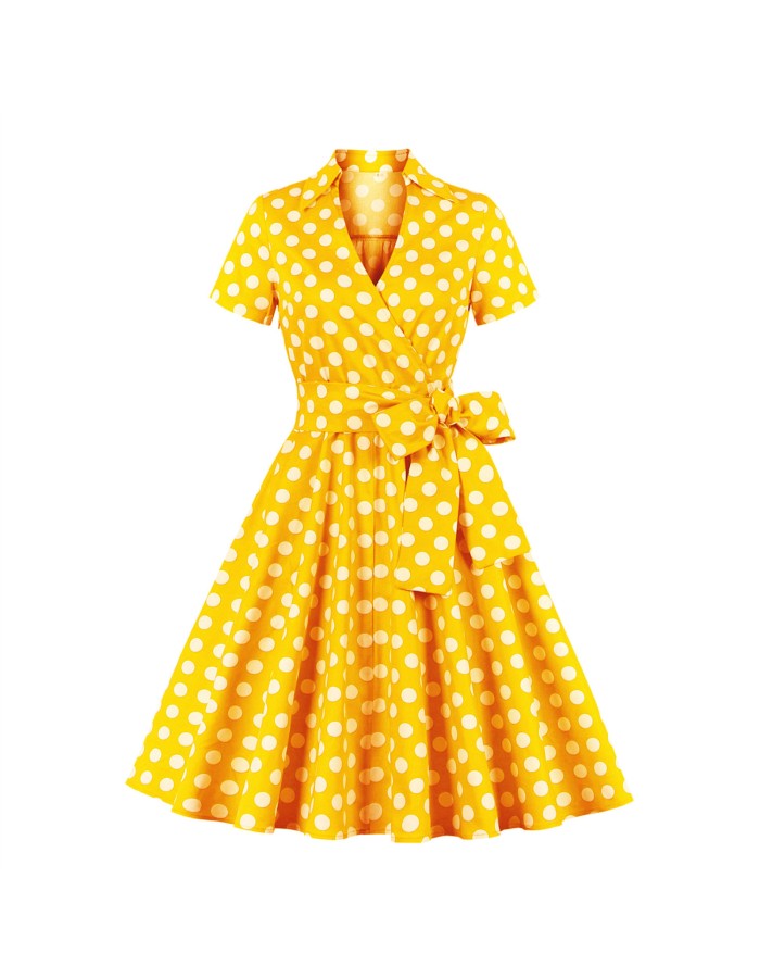 XL-4XL Vintage Polka Dot V-Neck Pin Up Rockabilly Dress 1207A