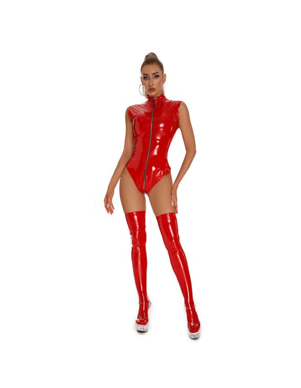 Club Open Crotch Zipper Bright Leather Sexy Bright Patent Leather Jumpsuit XX6857