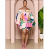 Women's Clothing  Line Shoulder Lantern Sleeve Printed Dress YM8623