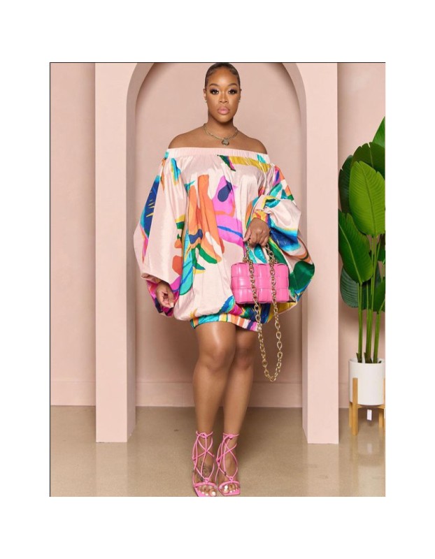 Women's Clothing  Line Shoulder Lantern Sleeve Printed Dress YM8623