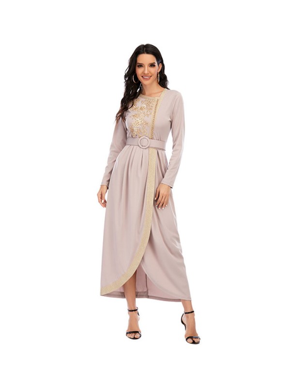 Long Skirt Floral Casual Summer With Belt Dinner Gown Evening Dresses Ladies 21413