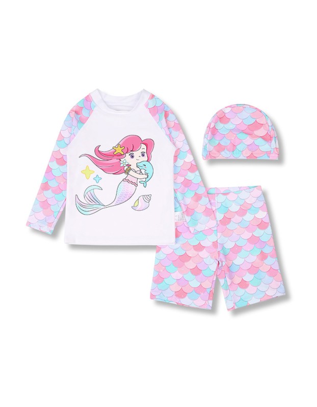Children's Swimsuit Mermaid Separate Set Long Sleeve Fish Scale Shorts Girls Swimsuit KF207