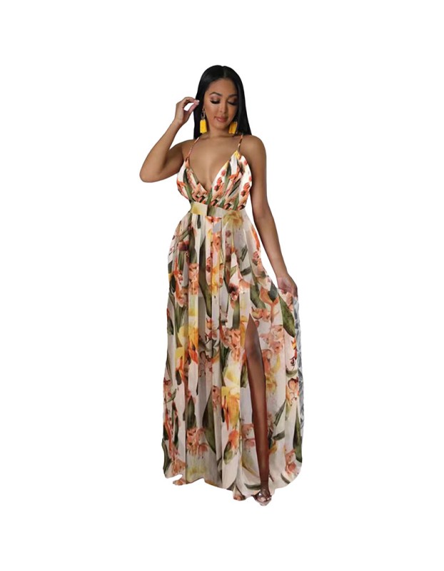 European And American Fashion Women's Print Halter Long Dress 9400