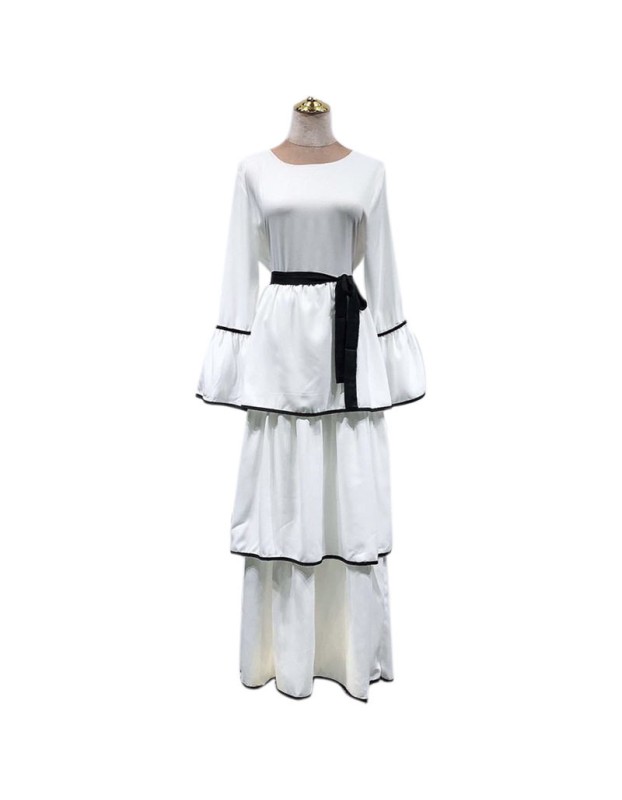 Plus Size Waist Strap Cake Flared Long Sleeve Black And White Casual Dress 1912