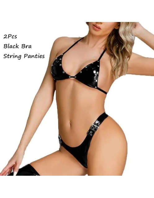 Patent Leather Nightclub Punk Three Point  High Pop Bright PU Underwear 68201