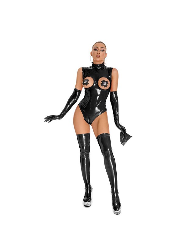 Zipper Open Crotch Patent Leather Bodysuit Punk Women Jumpsuit XX6861