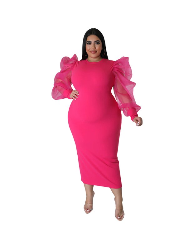 Sexy Women Solid Color Yarn Sleeve Plus Size Dress 9416